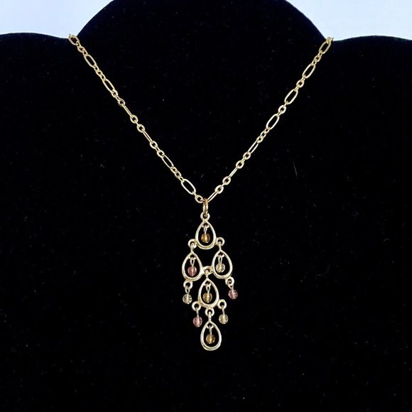 Delicate Chandelier & Peach Topaz Beads Drop Pendant Gold Tone Necklace 17” - Picture 2 of 4